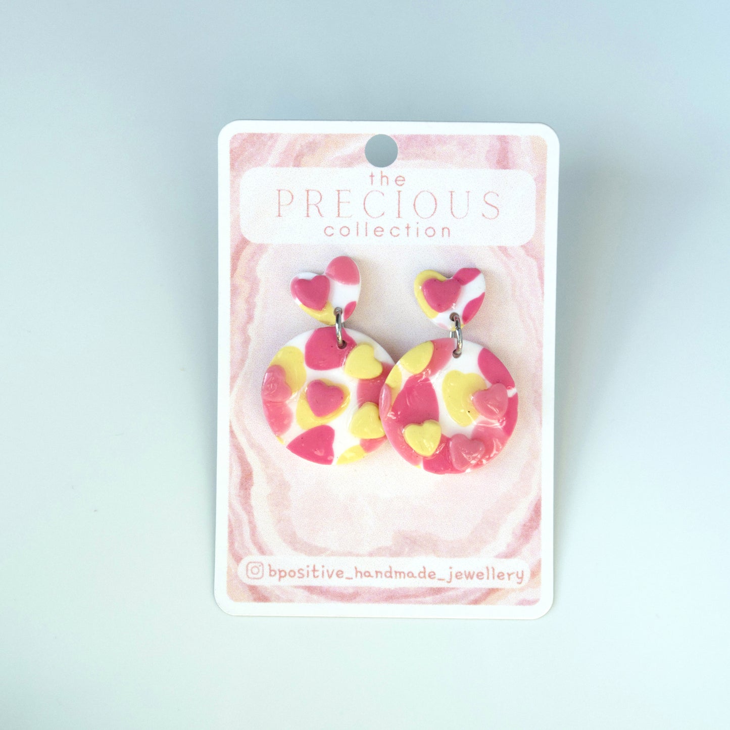 Precious Collection: Abstract Pink & Yellow Heart Circle Polymer Clay Earrings