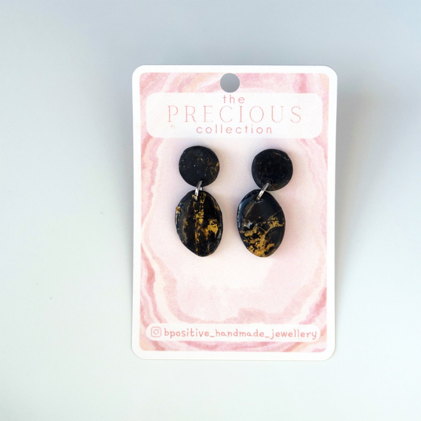 Precious Collection: Obsidian Circle Oval Polymer Clay Earrings